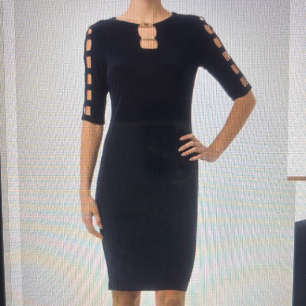 Joseph Ribkoff Midnight Blue Sheath Dress with Lattice Sleeve & Gold Bar Cutout